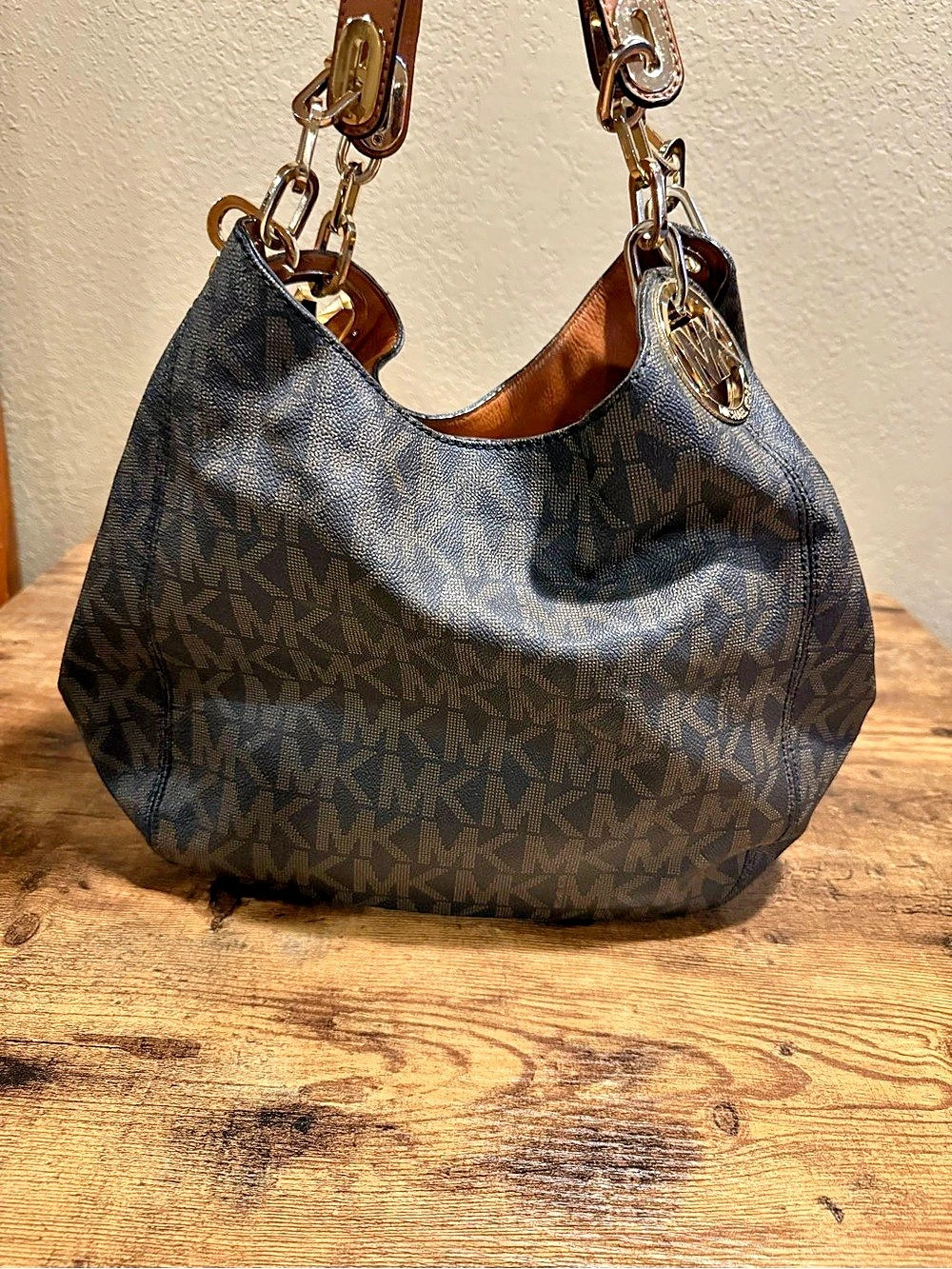 Michael Kors Nolita Large Signature Logo Hobo Shoulder Bag Blue & Brown
